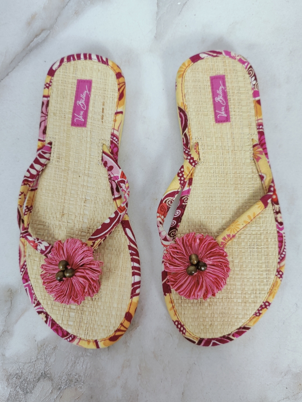 Vera Bradley Bali Pink Yellow Tiki Floral Straw Flip Flops Sandals, Sz S (5-6)